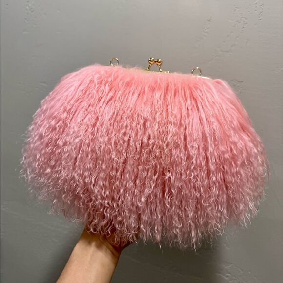 Pink Real Mongolian Lamb Fur Handmade Kisslock Wristlet/Shoulder Bag/Crossbody - Picture 2 of 16